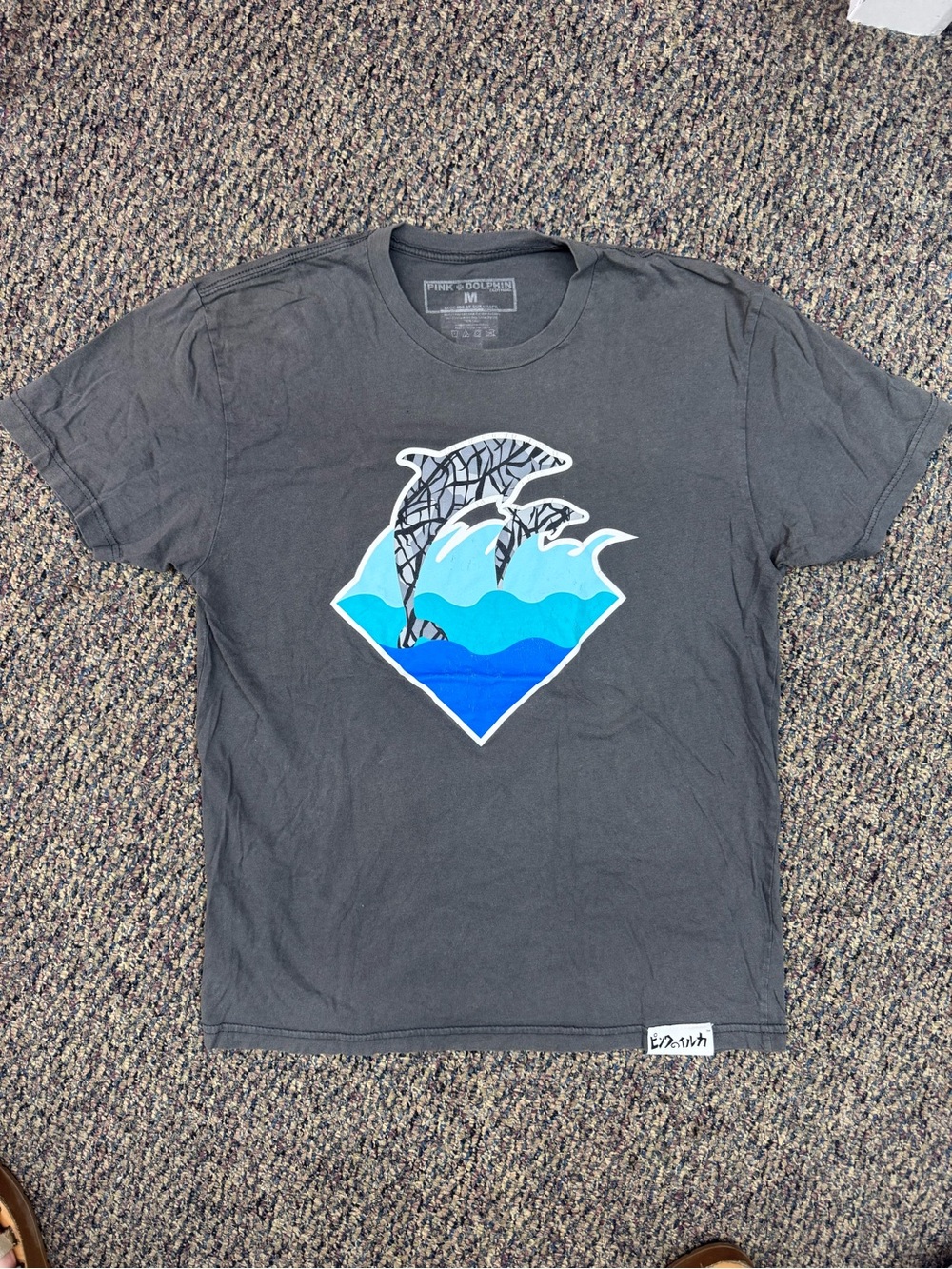 Pink Dolphin Grey Tee with Blue Wave & Dolphin Graphic